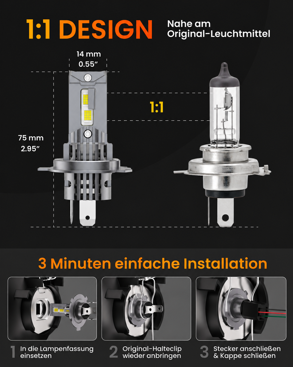H4 STELLAR S40 LED-Lampen, 6500 K Kaltweiß, 2 × 40 W, CANBUS, 1 Paar (2 Stück), 1 Jahr Garantie